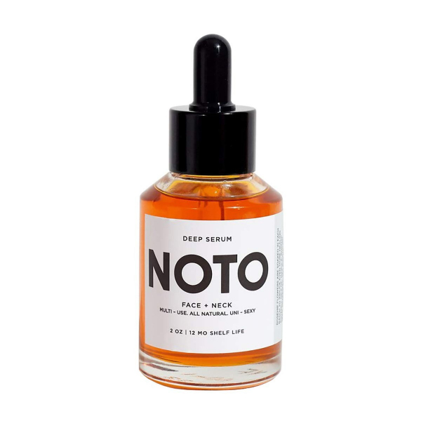 Noto Deep Serum Face and Neck transparent bottle of orange serum with white label and black dropper bottle on white background